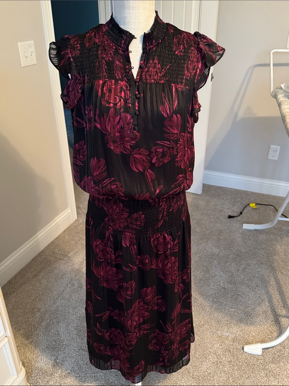 White House Black Market Black and Burgundy Floral Midi Dress